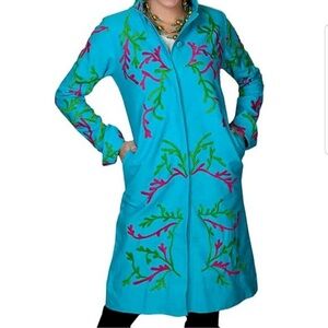 Gretchen Scott Designs NWT‎ Blue Floral Embroidery Long Button Coat Size Large